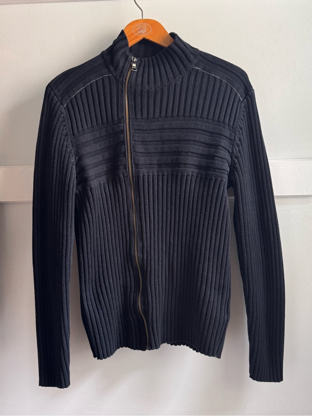Mexx Men's Dark blue Ribbed Zip-Up Mock Neck Sweater/Cardigan 100% Cotton